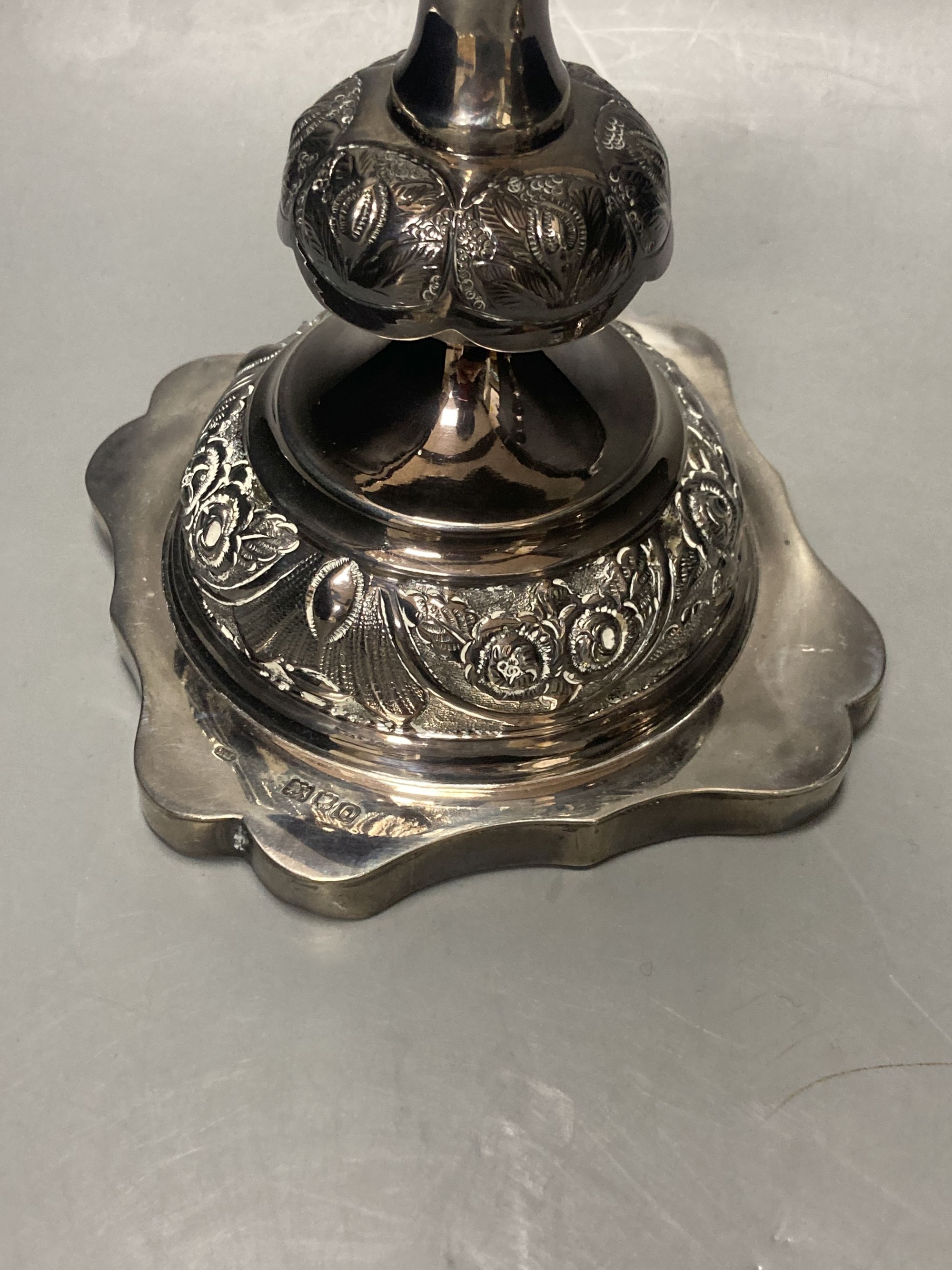 A pair of Edwardian silver Sabbath Day candlesticks, by Rosenzweig & Taitelbaum, London, 1909, 37.5cm, 34oz.